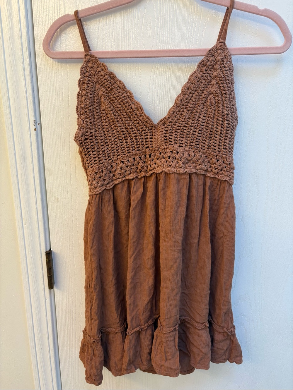 🛑 2/$15 Blush Crochet Bodice Spaghetti-Strap Dress in Rust Brown